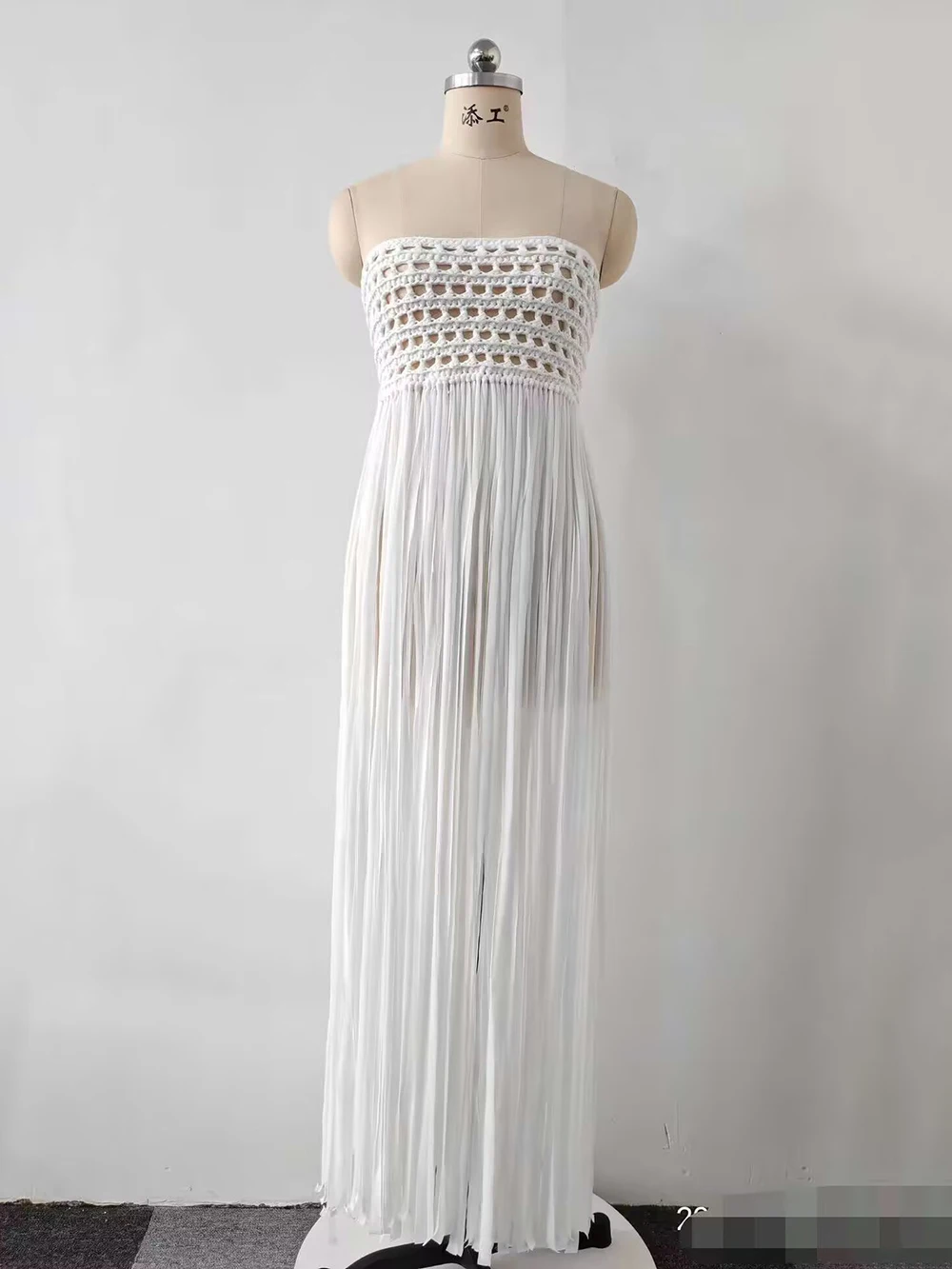 Modphy 2026 White Women Strapless Long Tassel Sexy Perspective Design Lace-Up Maxi Dress Fashion Club Beach Vacation Party Dress