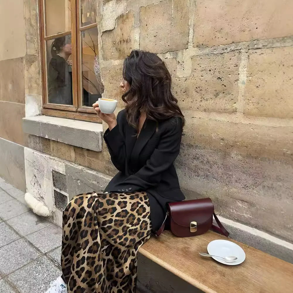Spring Satin High Waist Leopard Print Midi Skirt Elegant Large Hem Women's Skirt