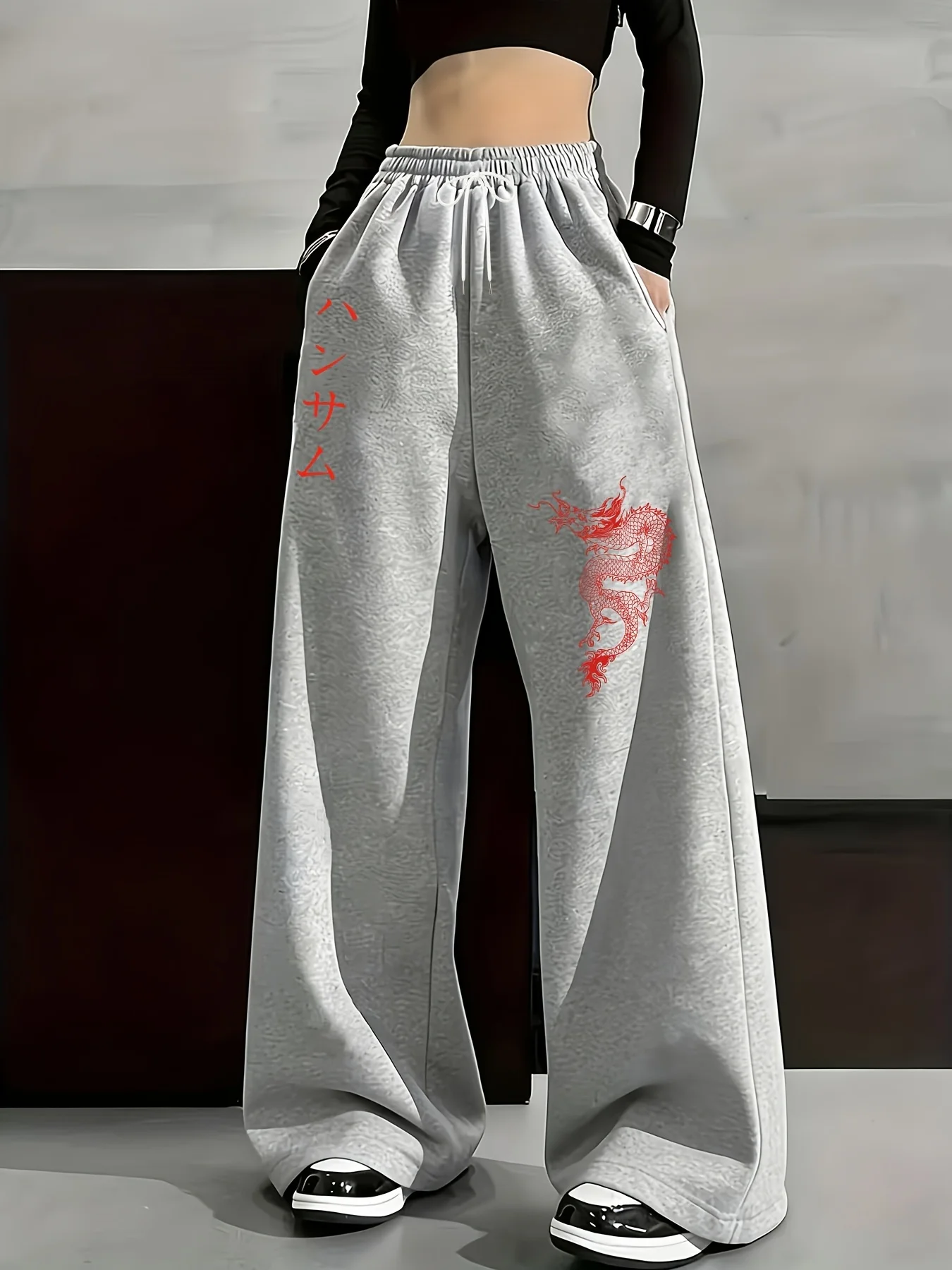Ladies Oversized Casual Trousers Light Grey Oriental Dragon Graphic Elastic Waist Wide Leg Hip Hop Style Sweatpants Kids