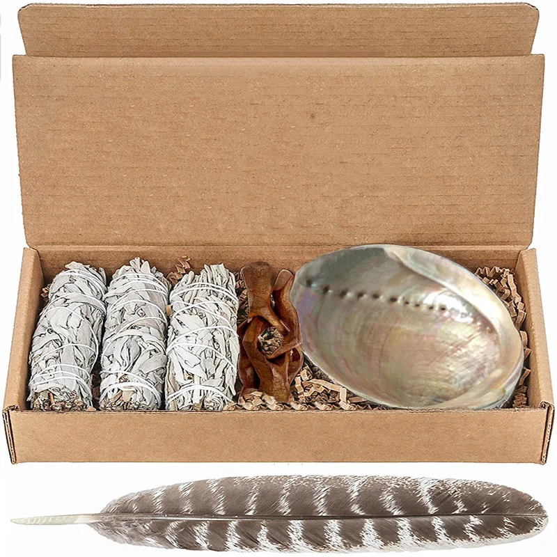 White Sage Balone Shell Holder Turkey Feather Set Fragrance Purify The Mind Buddhist Temple Yoga Purifying Healing Supply Decor