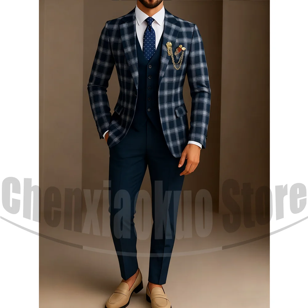 

Men's Plaid Suit Three Piece Set Fashion Checked Blazer Vest Pants Chic Notch Lapel Formal Wedding Party Business Male Suit