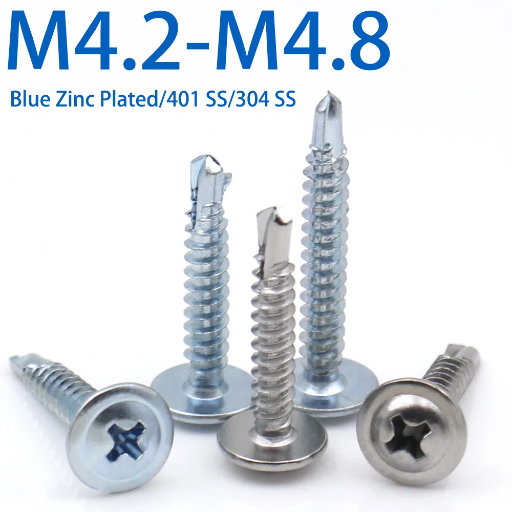 12pcs 410 304 Stainless Steel Blue Zinc Plated Cross Self Drilling Screws Flat Drill Tail Large Round Head With Washer M4.2 M4.8