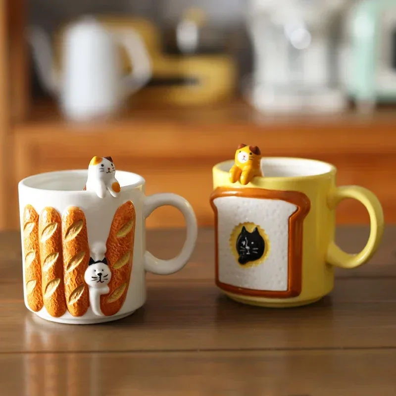 

Cute Cat Ceramic Mug Embossed Toast Baguette Coffee Cup Ins Photo Props Cafe Breakfast Milk Oatmeal Cup Lovely Birthday Gift