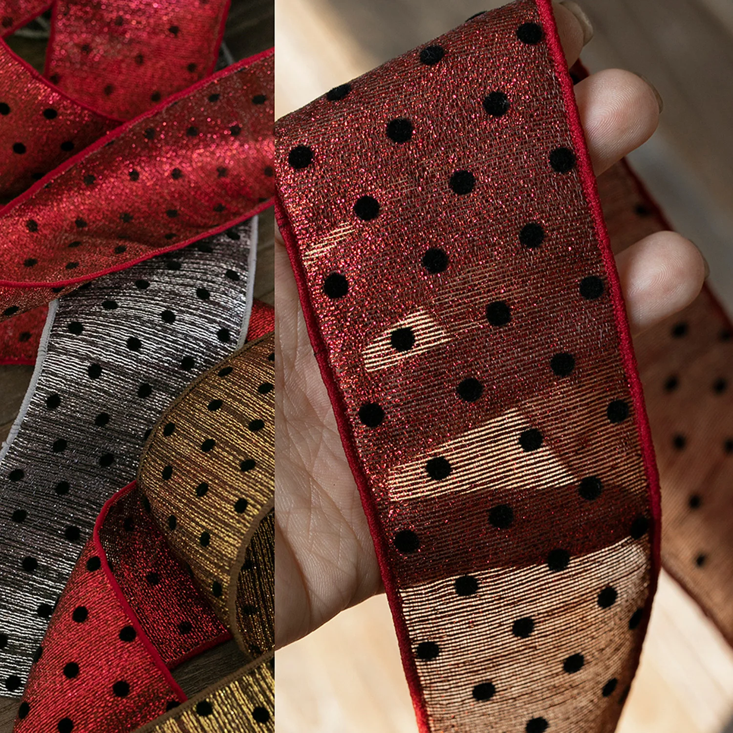 Vintage Flocked Dot Metallic Thread Ribbon 35mm & 57mm Stress-Relief DIY Sewing Material Gift Wreath Floral Arrangement Craft