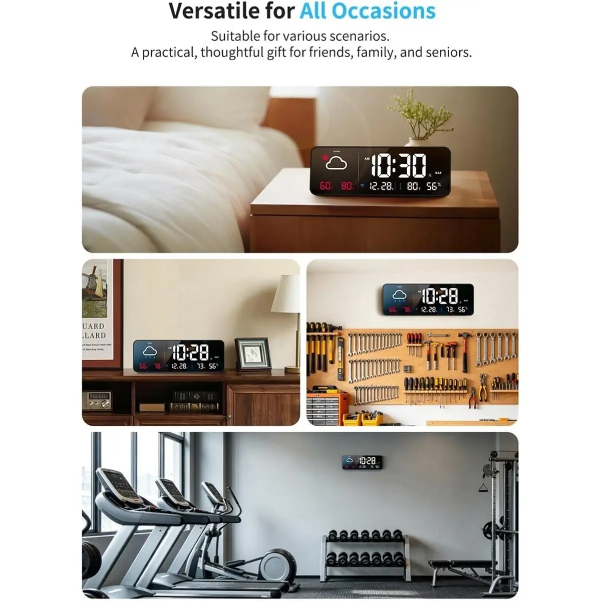 A88M Digital Wall Clock,Large Display with Network Auto-Synced,Corded Smart LED Alarm Clocks Real-Time Shows Weather,Humidity