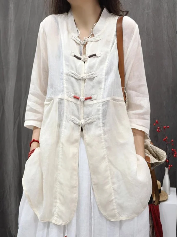 Boho Chic Bluzka damska plus size, średniej długości, zapinana na guziki, ze stójką, luźny krój, letnia, z mieszanki bawełny.