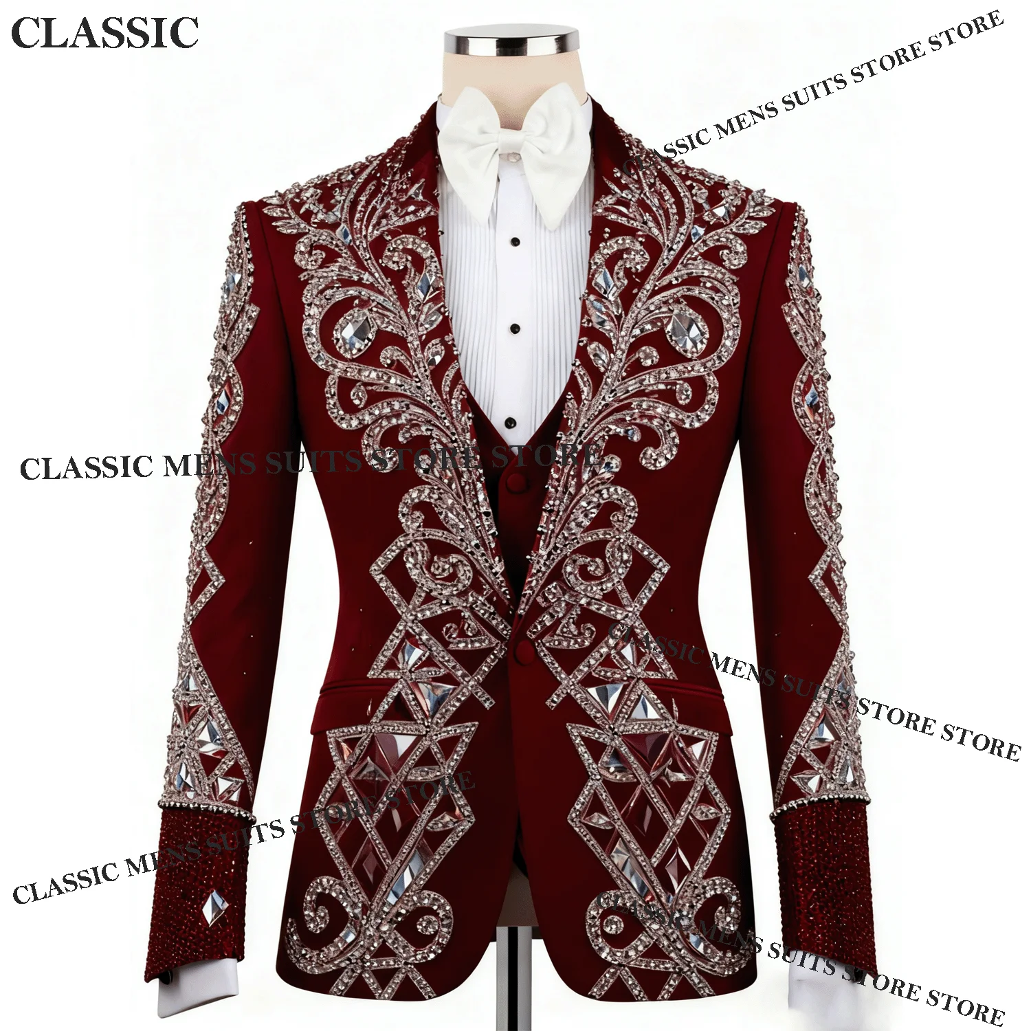 

Exquisite Design Gem Crystals Diamond Men Suits 2 Pieces Groom Male Blazers Slim Customized Wedding Party Tuxedos Ropa hombre
