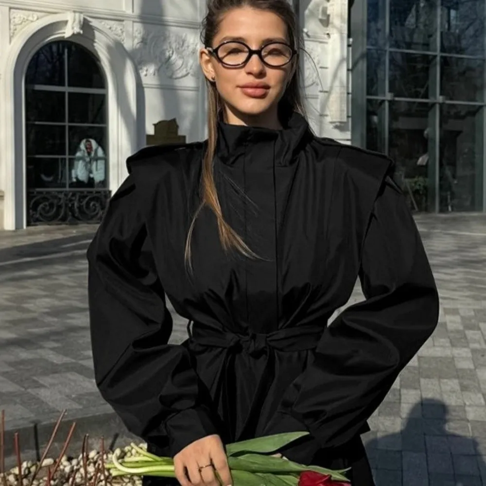 New High Collar Coat Jacket Waist Tie Long Sleeve Outer Wear Peplum Hem Relax Fit Tunic Top Fall Style