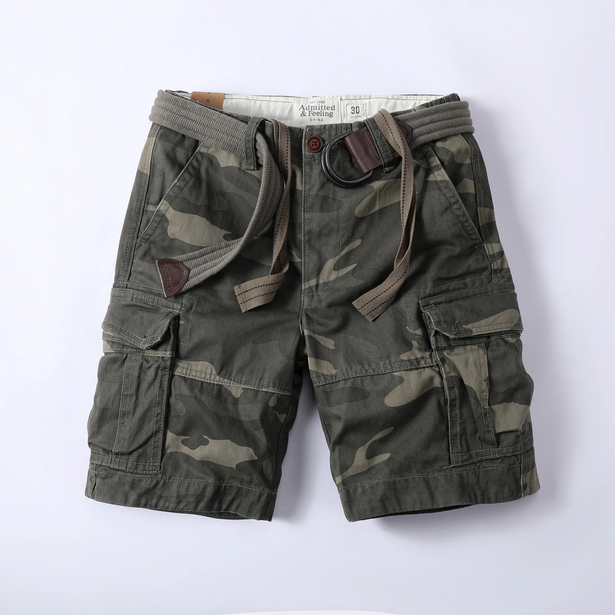 Retro Style Men's Summer Outdoor Casual Shorts Multi Pockets Sports Shorts Straight Knee Length Plus Size Cargo Shorts with Belt