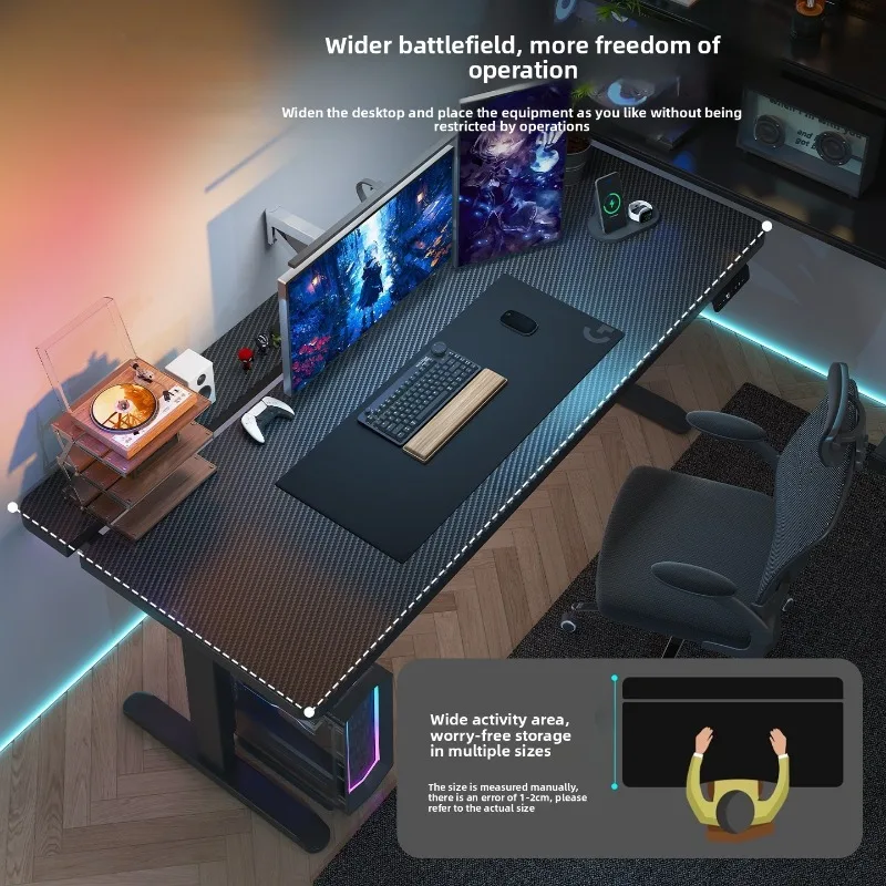 Height Adjustable Gaming Desk with Carbon Fiber Top Robot Arm Mount Computer Desk with Power Strip Built-in for Desktop Laptop