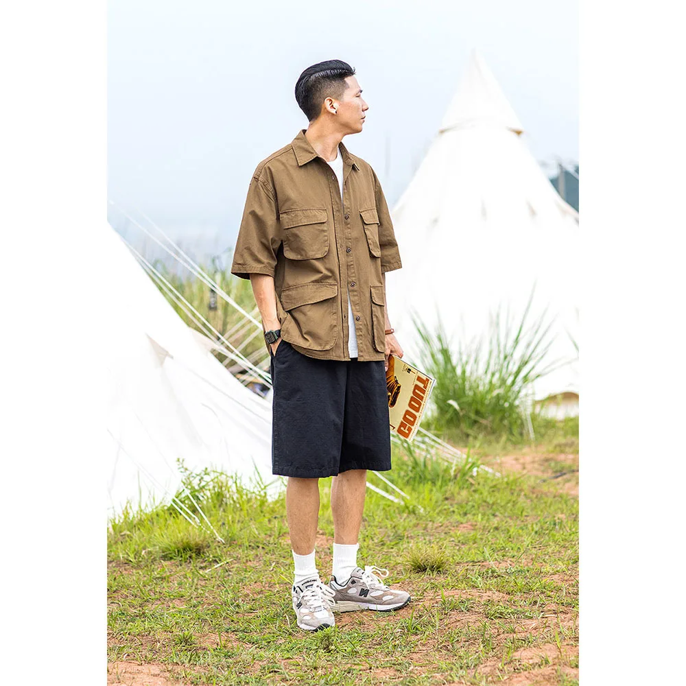 

Retro Japanese Sle Loose Men's ort Sve irt Spring Summer Trendy Color Big ket Five Sve Top Youth Faion