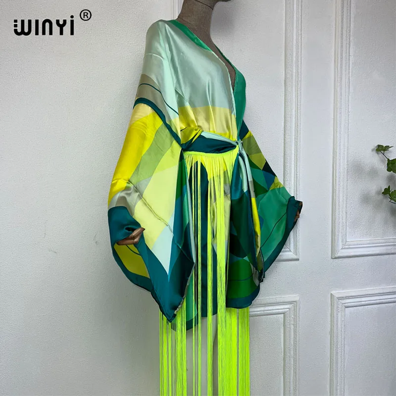 Imagem -03 - Winyi-vestido de Quimono Manga Comprida Moda Boho África Beach Wear Cardigã de Encobrimento de Biquíni Estampado Cardigã Sexy de Férias Summer Beach Wear Tassel Dress