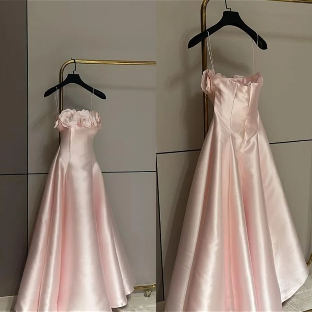 

Customized Exquisite pink Satin Evening Dress Delicate Strapless Spaghetti Straps Homecoming Dress Modern Zipper Back Prom Dress