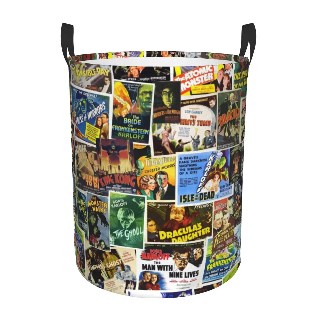 Vintage Horror Movie Collage Laundry Basket Collapsible Classic Cinema Production Film Clothes Hamper for Kids Toys Storage Bag