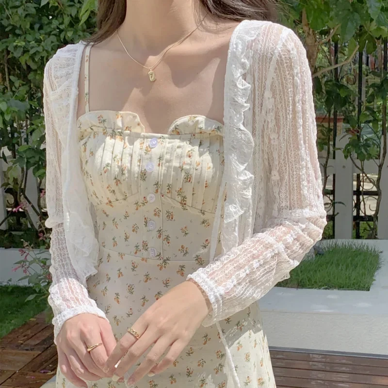Women Summer Sun Protection Coat Lace Bow Ruffle Cardigan Shirt Female Blouse Tops for Woman Covers Blusa White Y2K Korean Shirt view 4