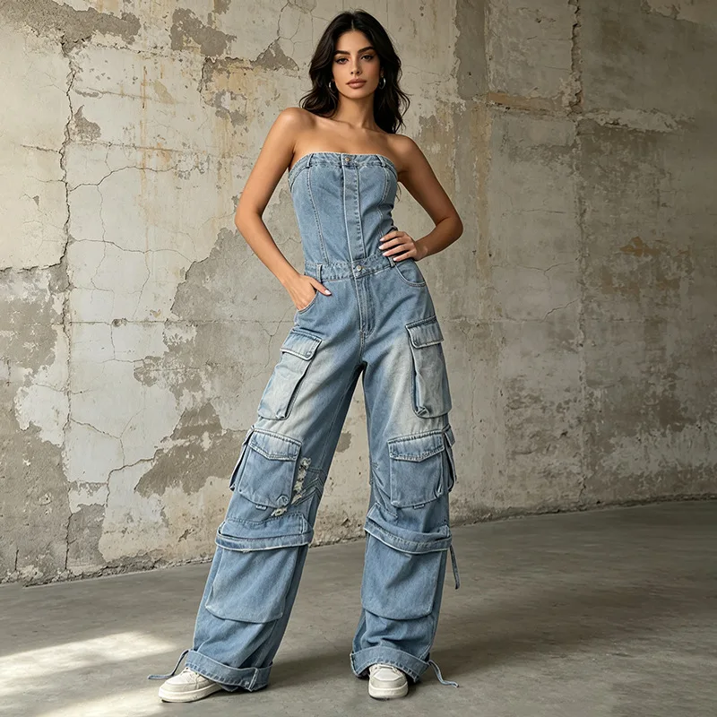 ZAMOR HIGH QUALITY 2026 New Women's Spicy Style Multi Pocket Jumpsuit Strapless Slimming Cargo High-End Denim Romper