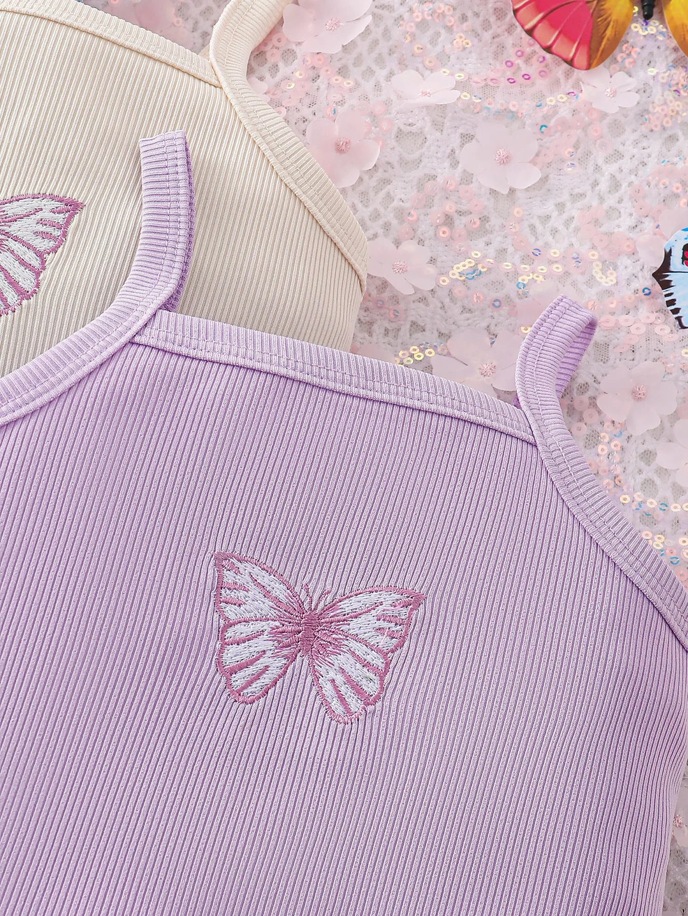 Three piece summer baby girl casual butterfly embroidery solid color pit stripe knitted fabric suspender triangle jumpsuit