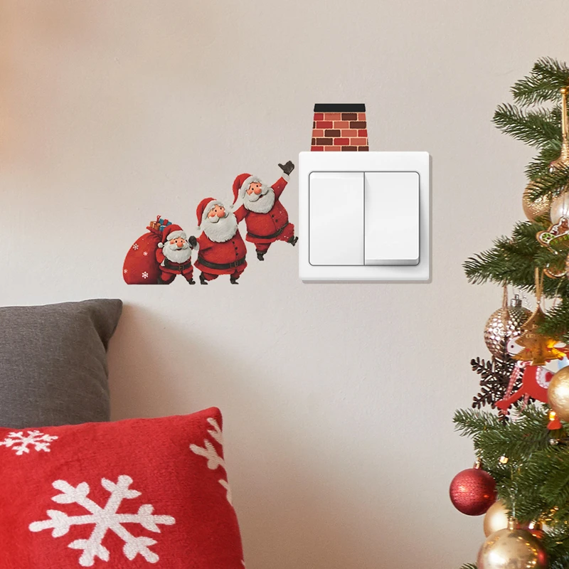 Cartoon Santa Claus Giving Gift Vinyl Wall Stickers Christmas Home Decoration Aesthetic Room Switch Self-adhesive Removable