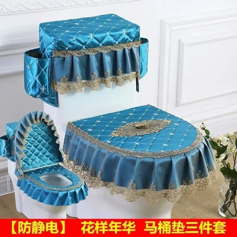 

Vertical Edge Toilet Cushion Set of Three Piece Zippered U-shaped Lace Hem Skirt Household Winter Toilet Cushion Covers