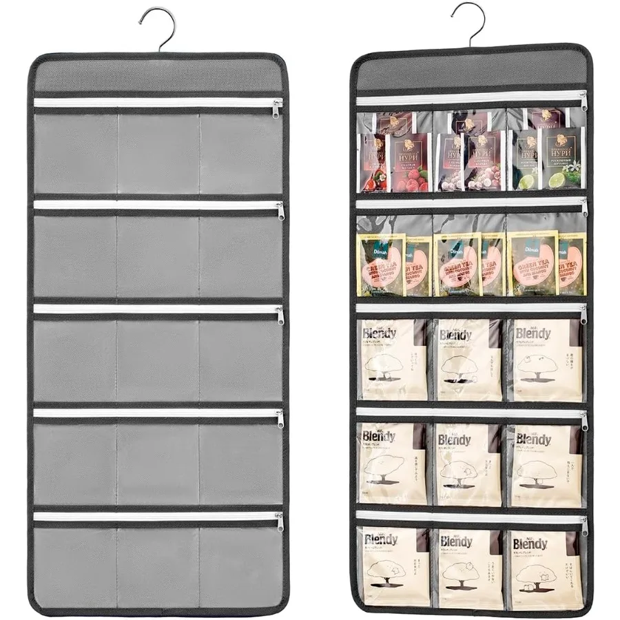 

2 Pcs Hanging Tea Bag Organizer Coffee Packet Holder Tea Storage Organizer MultiFunctional Kitchen Organizer with 15 Clear Zipp