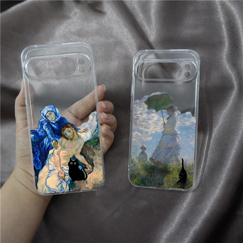 Phone Case for Google Pixel 9 9Pro XL 8A 7a 6 6a 5G 7 Pro 8 8Pro Case Cute Retro Oil Painting Van-Gogh Cat Clear Fundas Skin