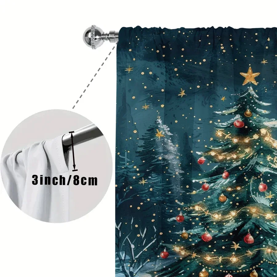 2PCS Watercolor Christmas Tree Curtains, Golden Star Snowy Night Forest Scene, Artistic Holiday Window Drapes for Bedroom Living