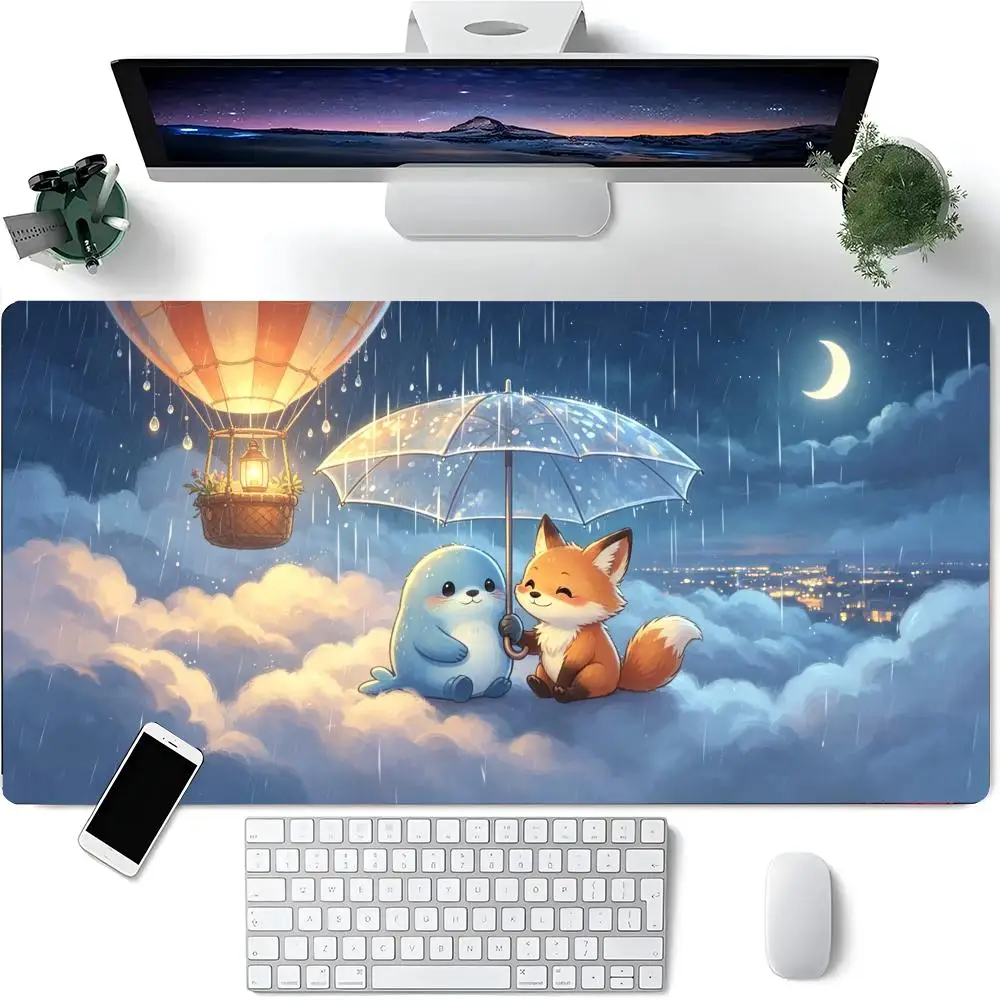 Cute Fox Seal On Cloud Hot Air Balloon Rainy Night Large Mouse Pad Non Slip Rubber Desk Mat for Laptop Gaming Home Office Decor