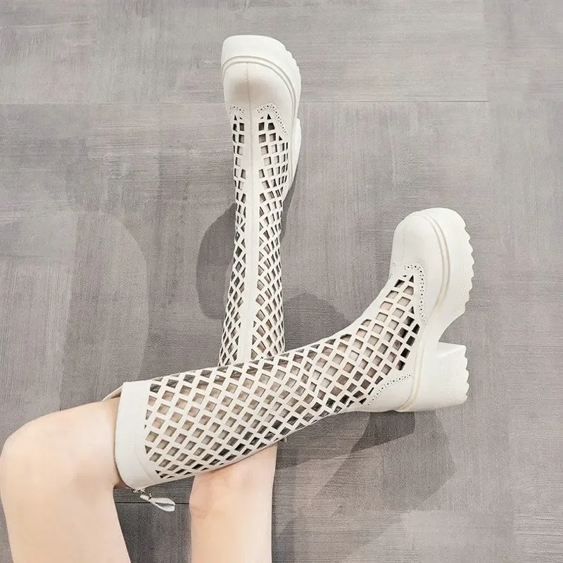 

2025 Summer Female Breathable Hollowed Out Mesh Boots Genuine Leather High Knight Boots Knee High Heels Show Thin Cool Boots