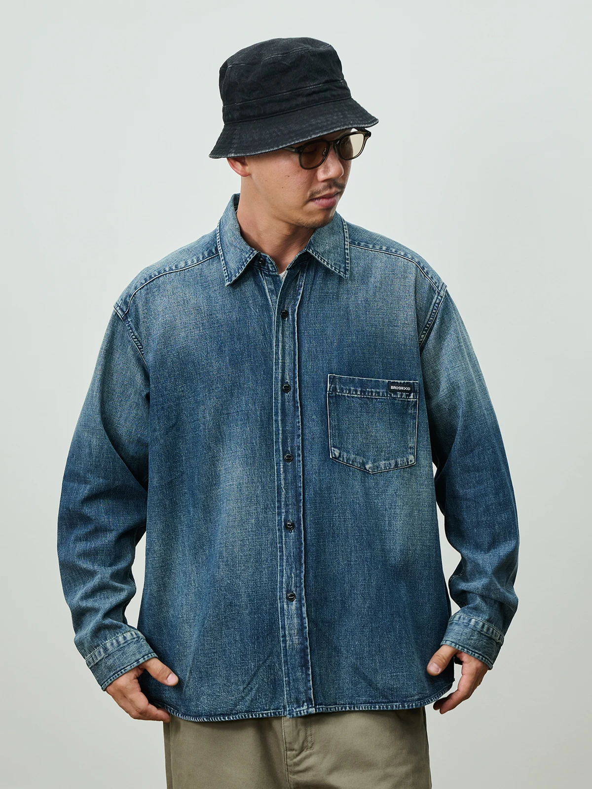 Broshood Loose Fit Long Sleeve Denim Shirt Men's Vintage Washed Workwear Pocket Design Japanese Style Casual Top Spring Autumn