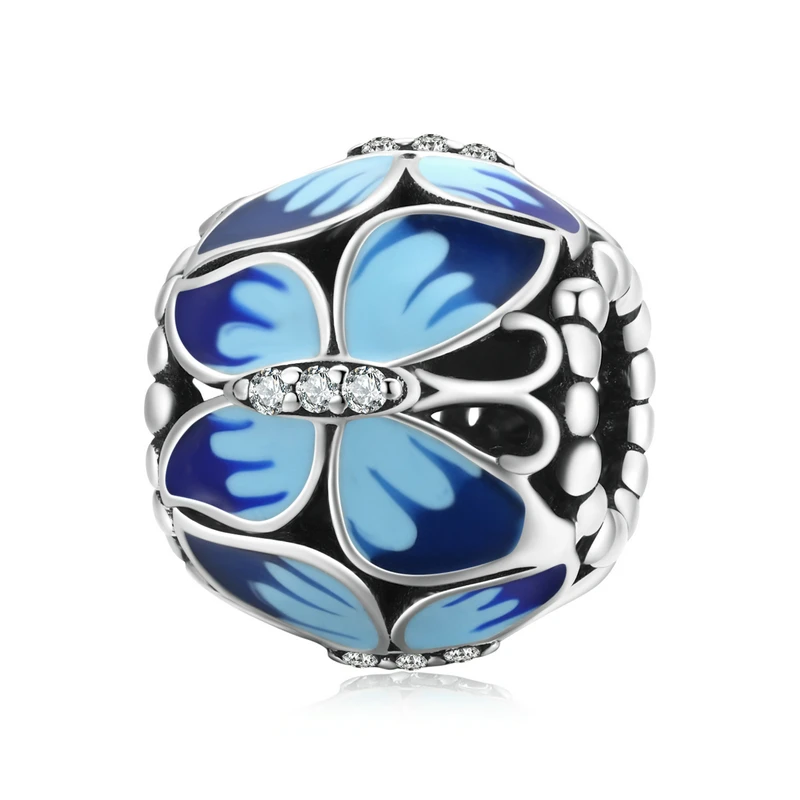 WOSTU 925 Sterling Silber Vintage Schmetterling Charms Garten Anhänger Blau Blume Perle Fit Original Armband DIY Schmuck Machen