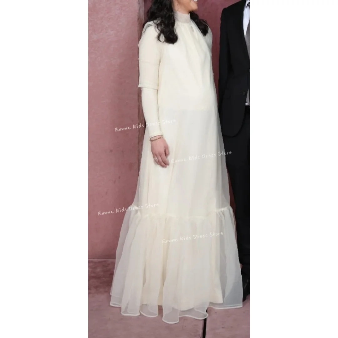 Custom Ivory Chiffon Flower Girl Dress High Neck Long Sleeve Tiered Ruffle Hem Wedding Communion Gown for Girls