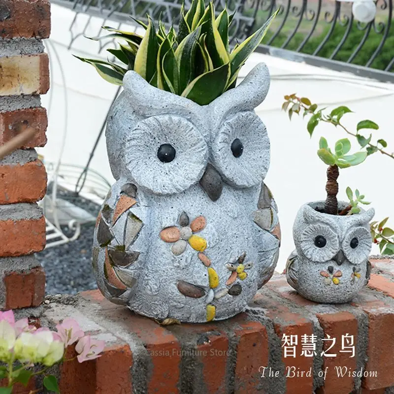 Cute Owl Flower Pot for Garden, Cartoon Bird Ornament for Preschool Yard, Creative Resin Planter for Courtyard Balcony Decor