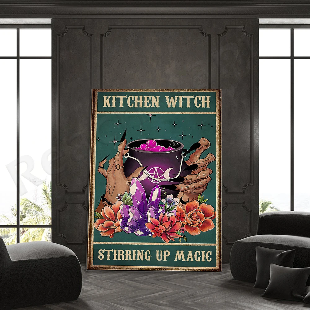 Kitchen Witch Stirring Up Magic Poster, Vintage Witch Kitchen Decor, Witchcraft Poster, Witch Room Decor,Magic Lover Gift