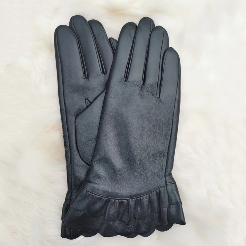 Real Sheepskin Touch Screen Gloves For Women Winter Warm Wave Cut New Driving  Female Color Leather Gloves New high-end 2022