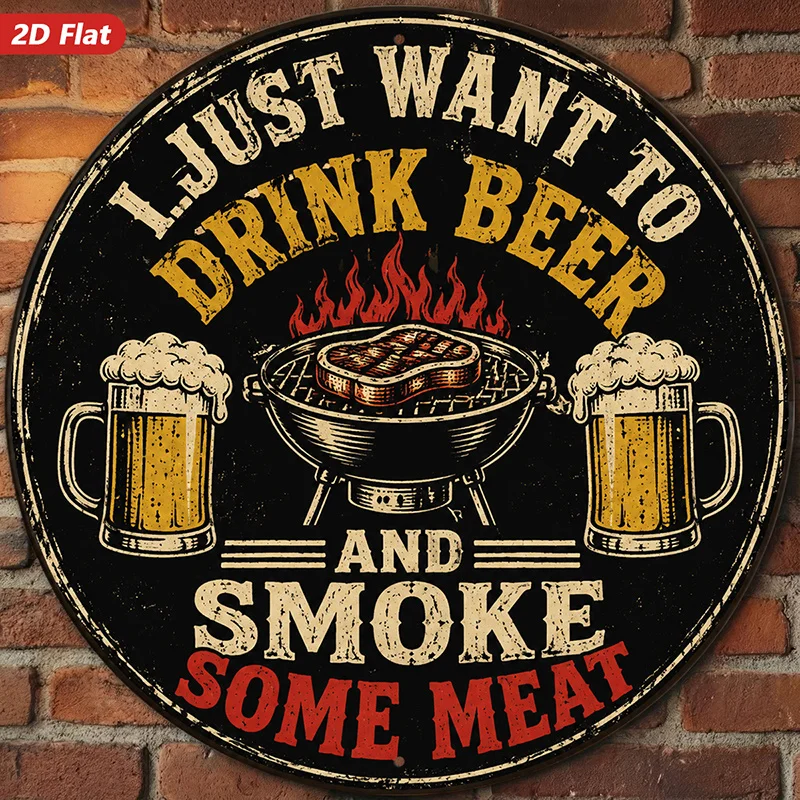 CIFBUY Vintage 2D Aluminum Wall Art Waterproof Durable Round Metal Sign Beer Meat BBQ Decor for Kitchen Bar Man Cave Indoor