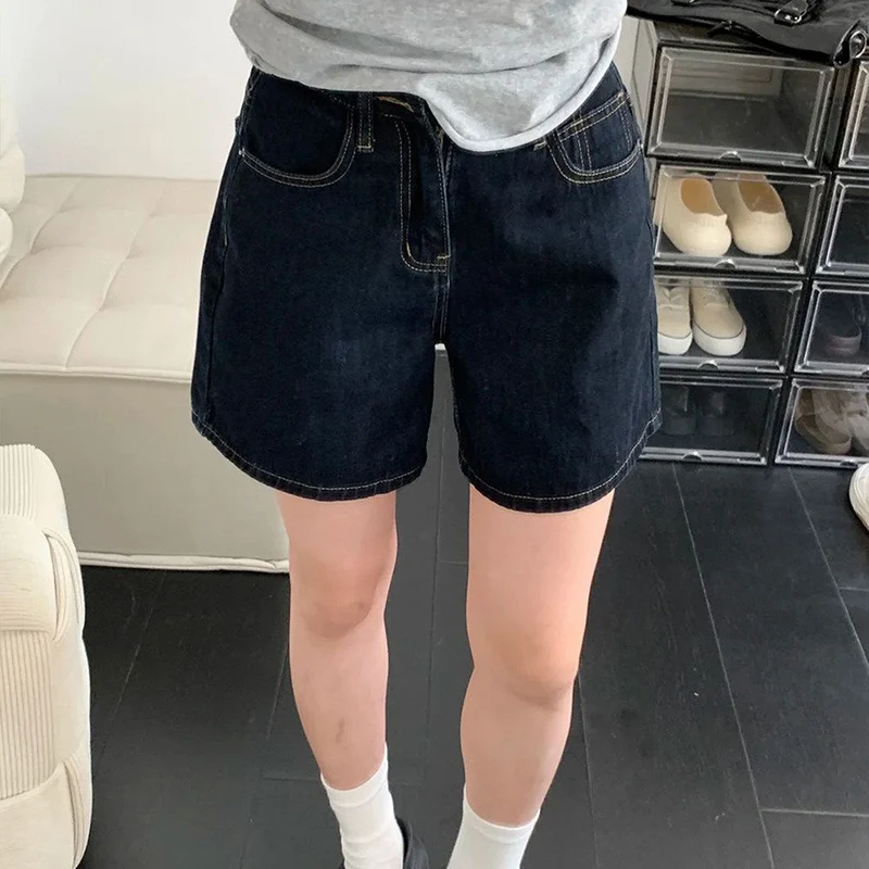 

Retro Blue Straight Denim Shorts Women Summer 2026 High Waist Short Jeans Woman Korean Loose Wide Leg A-Line Hot Shorts Female