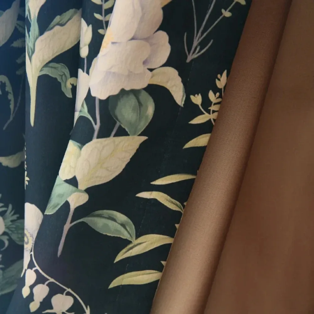 Dark Blue Plant Print Pastoral Style Thickened Blackout Curtains Customized Finished Product for Living Room Bedroom Balcony