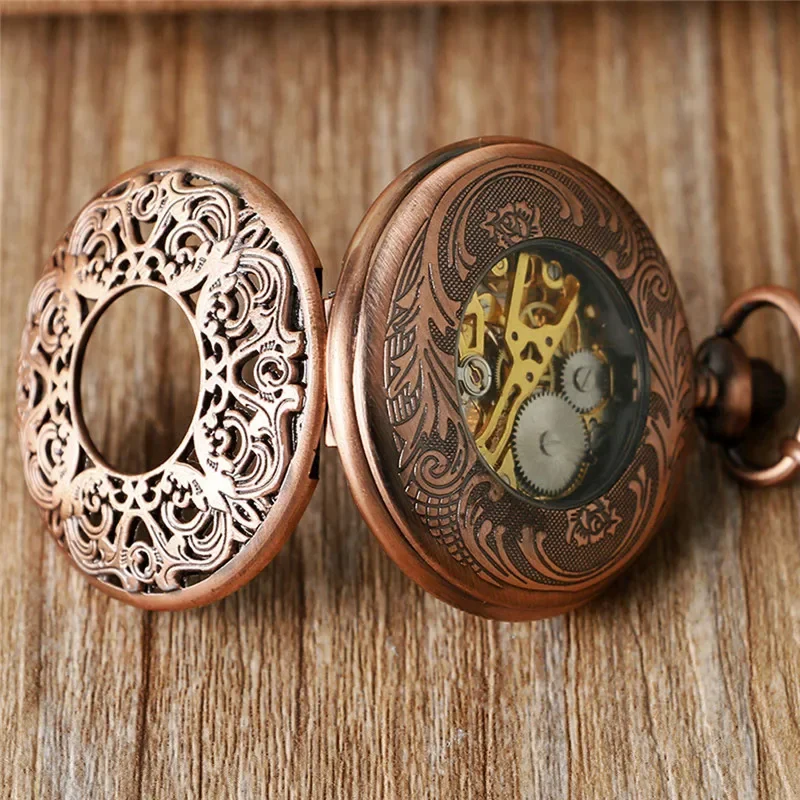 Classic Rose Gold Pocket Watch Skeleton Hand-winding Mechanical Clock Carving Flower Design Pendant Chain Roman Number Dial Gift