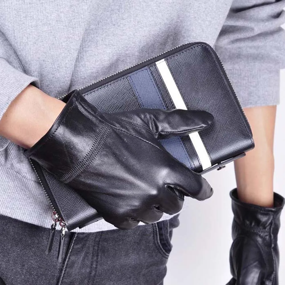 1 زوج هدية لينة بولي PU قفازات مكافحة البرد مقاوم للماء بلون الرجال فنجر القفازات دفئا قابل للتعديل قفازات سوداء سميكة الخريف