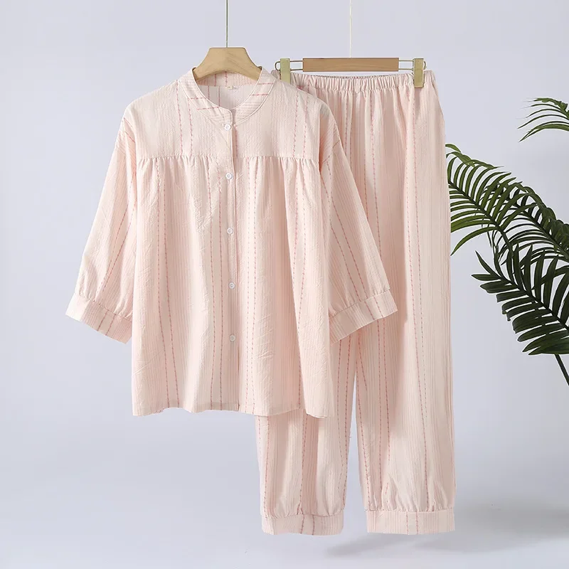 

Весенне-осенние пижамы из 100% хлопка, одежда для сна в японскую полоску, женские брюки с длинными рукавами, комплект повседневной домашней одежды