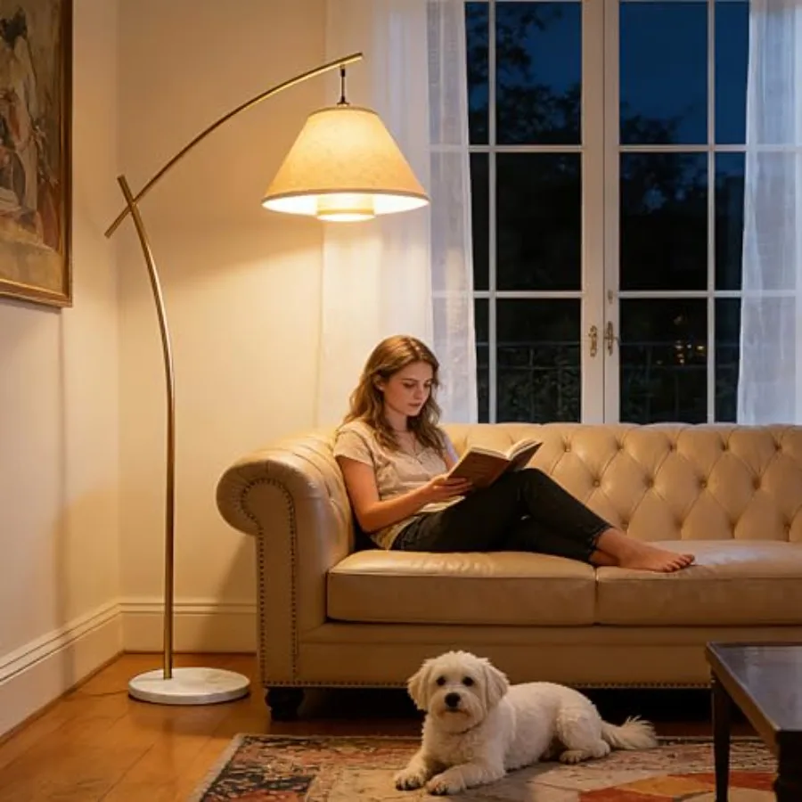 

Arc Floor Lamp for Living Room, Modern Standing Tall Lamps with Double Linen Lampshade, Tall Hanging Pole Lamp with Bulb Includ