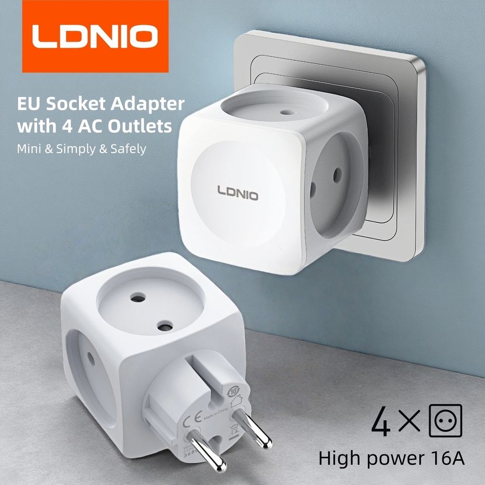  LDNIO EU Socket Extender Adapter 1 to 4 Multi-Outlets High Capacity Power 16A 2Pin Plug Electrical Extension Mini Cube Converter 