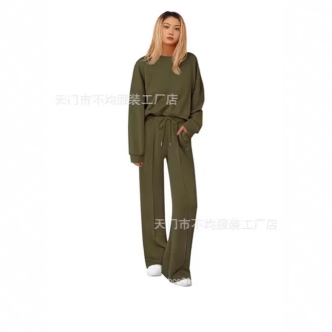 Women Knit Pant Sets Two Piece Set Sweater Pullovers O Neck Spliced Full Sleeve Wide Leg Pants Suit Drawstring Midi Waist Autumn