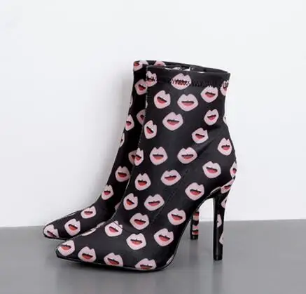 Black Satin Red Lips Print Pointed Toe Ankle Boots Fashion Women Stiletto Heels Stretch Booties Short Boots Shoes Drop Shipping