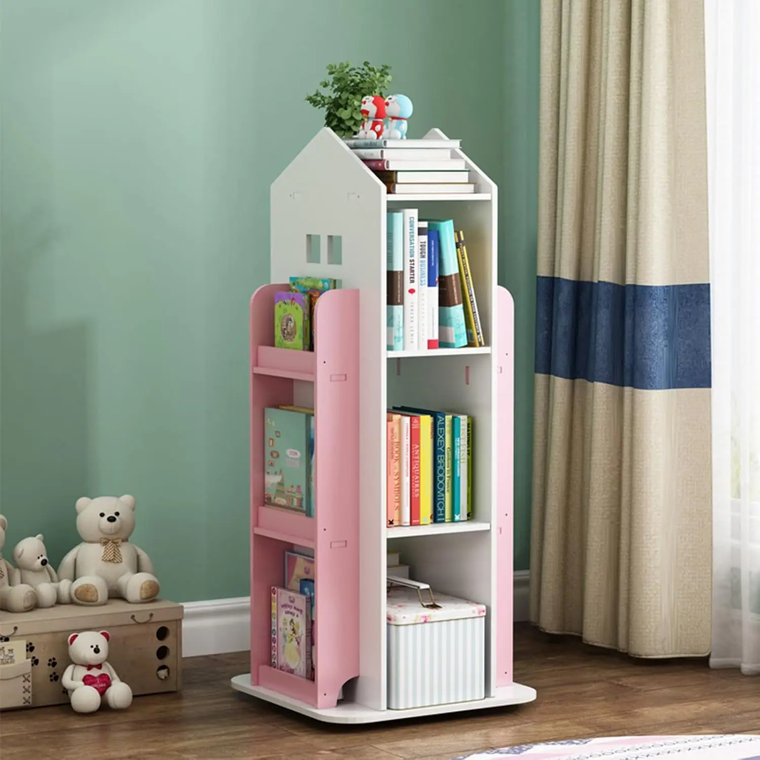 4-Tier Rotating Bookshelf,360° Display Book Shelf,Floor Standing Bookcase,Children's Bookshelves for Bedroom, Living Room, Study Room,Pink