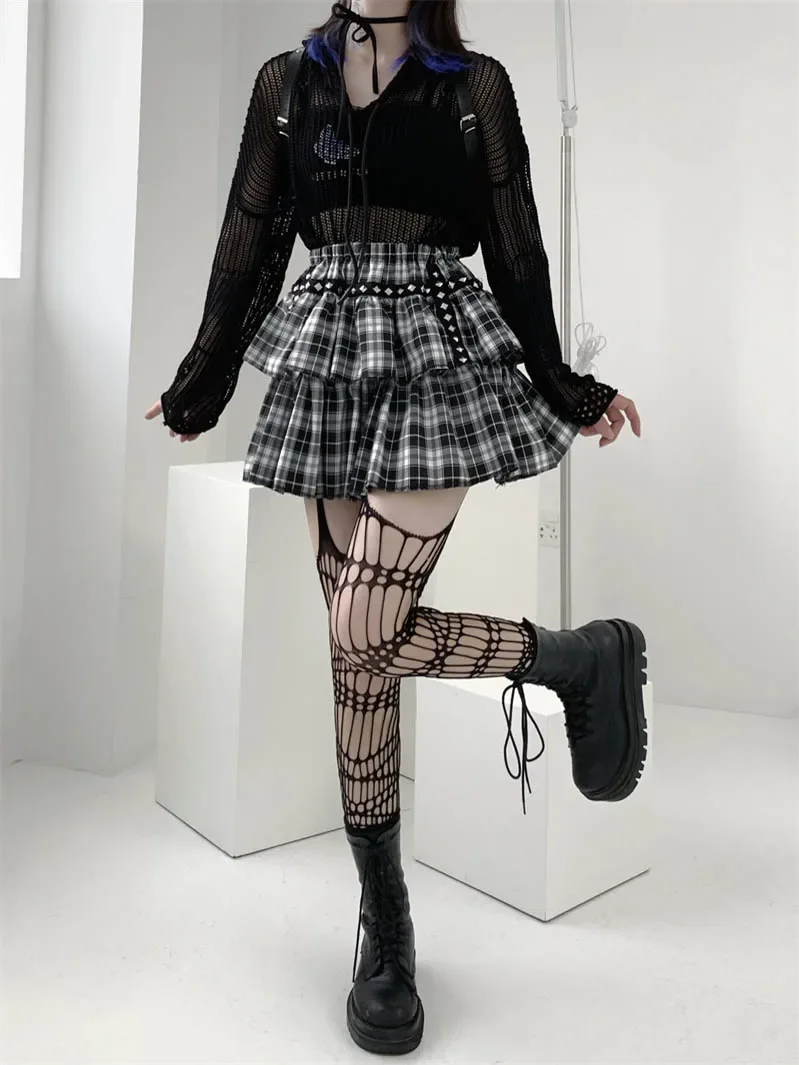 Ruibbit Rock Punk Gothic Harajuku Hot Girl Cake Dress Black Red Plaid Soft Girl Japanese Lolita Lace Mini Skirt and Leg Warmer