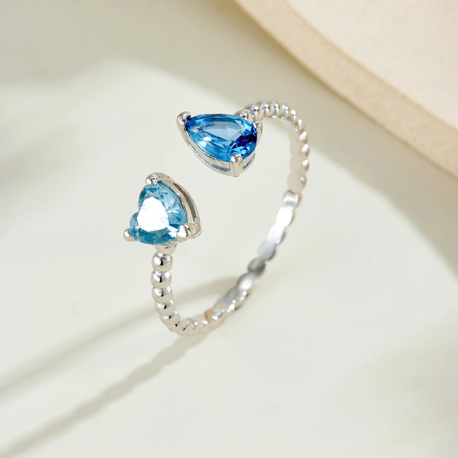 VEWANT Women 925 Sterling Silver Beaded Open Ring with Blue Teardrop & Heart Adjustable Dainty Gift for Wedding Party