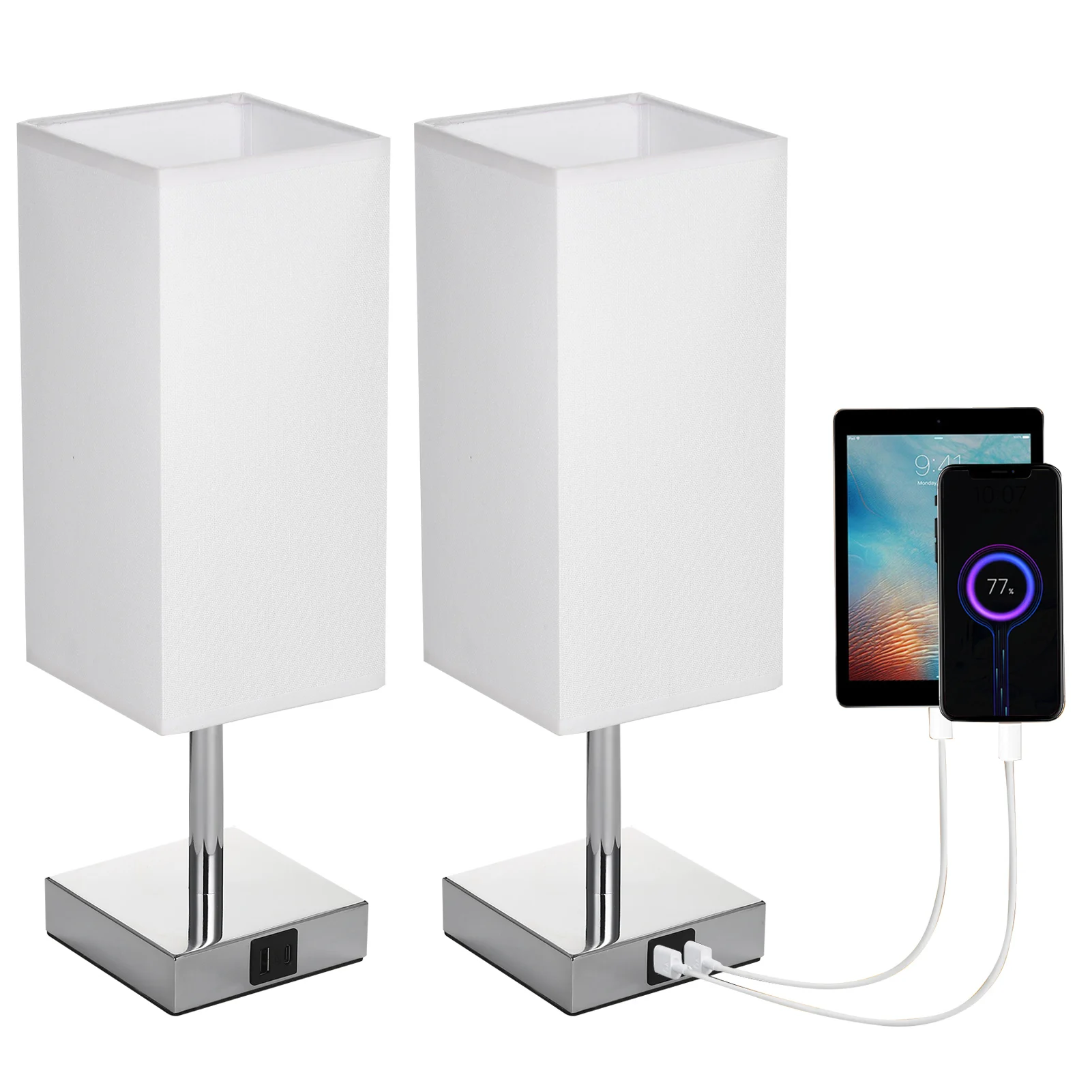 

2 Packs Fabric Bedside Table Lamp Nightstand Lamp with Warm White LED Bulb Desk Light Touch Control USB A Type-C Charging Ports