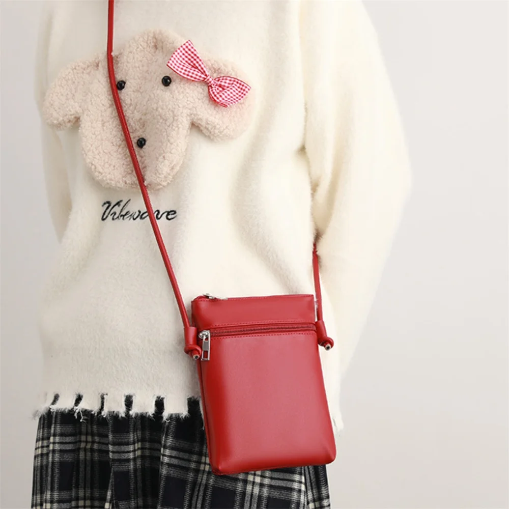 

New PU Leather Mobile Phone Storage Bag Women Crossbody Shoulder Bags FashionDouble Zipper Solid Color Mini Girls Handbags