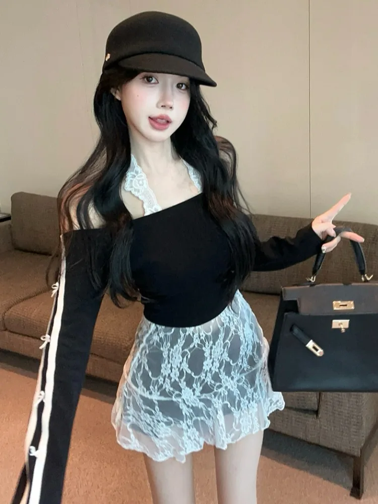 

Elegant Lace Ballet Knot One Shoulder Sporty Neckline Women's Two-Piece Set Casual Commute Style Slim Fit Long Sleeve